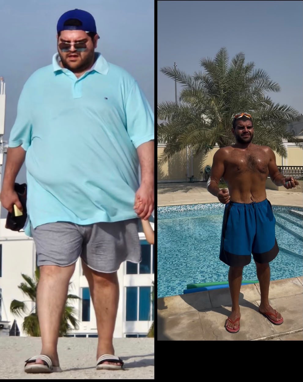 Karim before and after: heavier in a blue polo, then lean poolside in Dubai