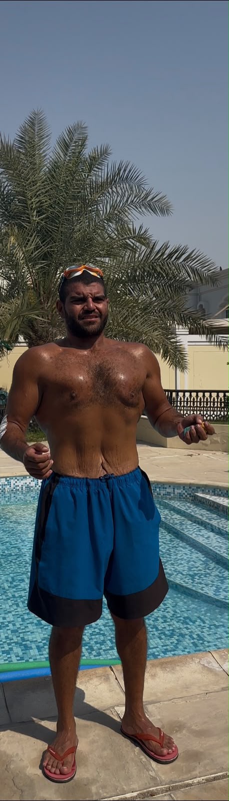 Karim leaner, poolside in Dubai