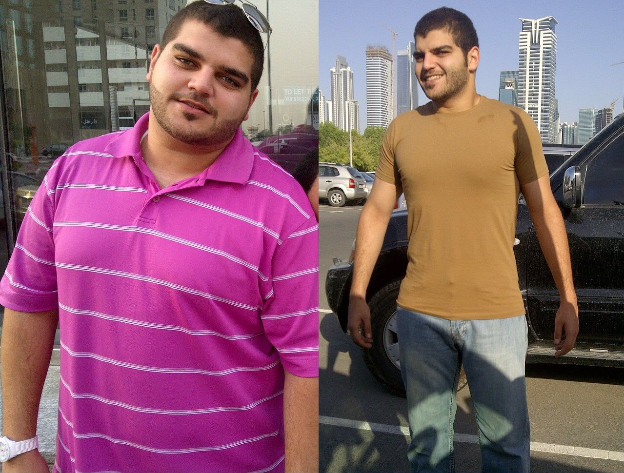 Karim before and after his first transformation at 22, side by side in Dubai
